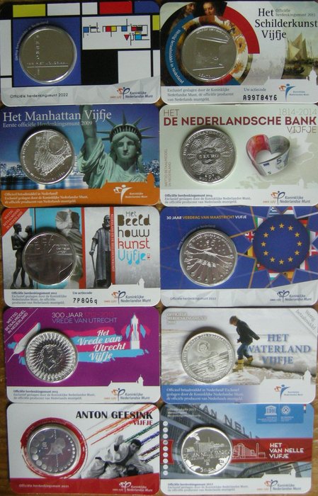 荷蘭. 5 Euro 2009/2022 (10 coincards) allen uitgegeven door de KNM - Totaal 10 stuks  (沒有保留價)