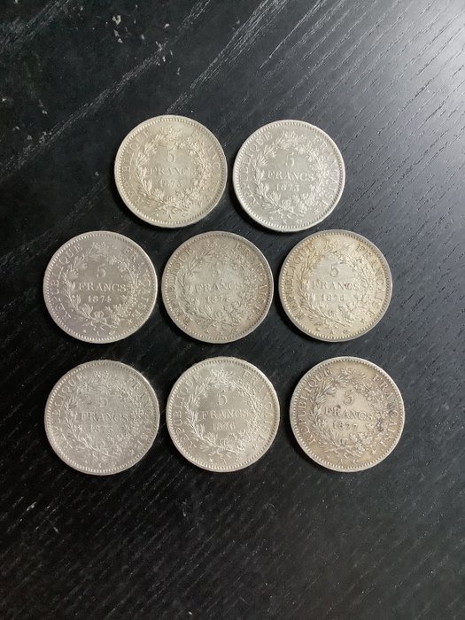 法國. Third Republic (1870-1940). 5 Francs 1873/1877 Hercule (8 zilveren munten)  (沒有保留價)