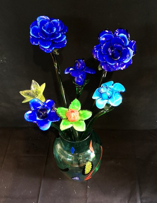 花瓶  - 无保留 - 穆拉诺玻璃 - Murrine 和鲜花