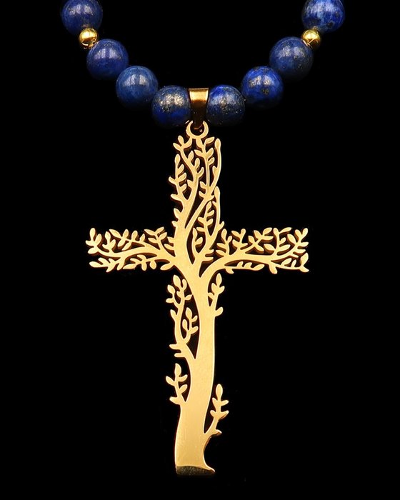 Lápis-lazúli - Colar, Cruz Druida - Árvore da vida (árvore do mundo) - Forças da natureza, harmonia - Fecho Dourado - Colar com pingente