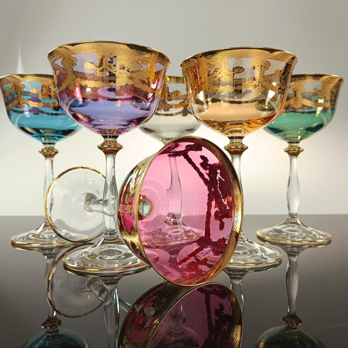 SECOLOVENTESIMO - Kieliszek do szampana typu flet (6) - Złoty Puchar Wenecji - Emalia, Kryształ, pr. 999 (24-karatowe złoto)