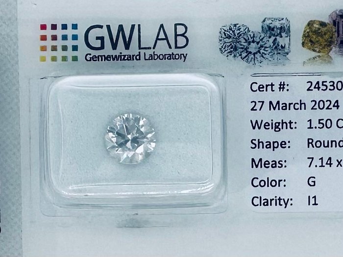 1 pcs Gyémánt  (Természetes)  - 1.50 ct - Kerek - G - I1 - Gemewizard Gemmológiai Laboratórium (GWLab)