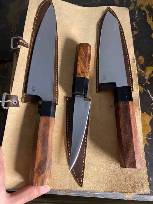 Nóż kuchenny - Kitchen knife set -  zestaw 3 japońskich noży - Stal, rękojeść z palisandru - Japonia