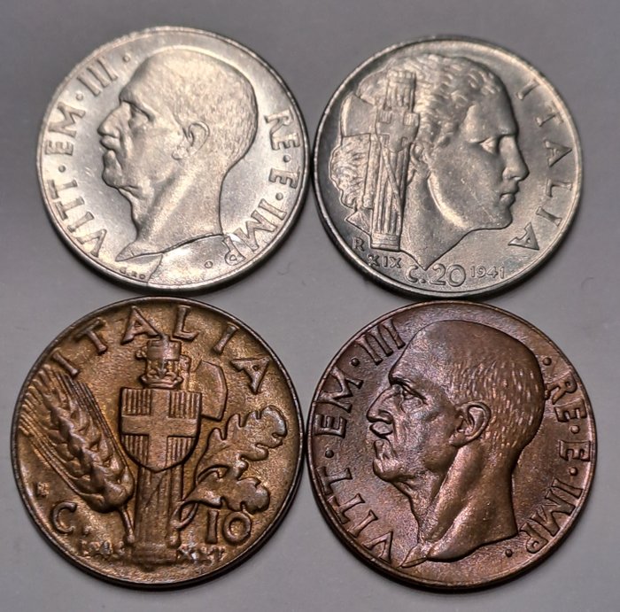 Italia, Italian kuningaskunta. Vittorio Emanuele I di Savoia (1900-1946). Lotto 4 monete con errori 1943 2° tipo, 20 centesimi 1941 impero  (Ei pohjahintaa)