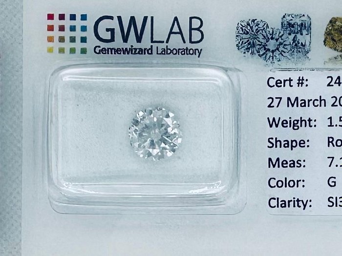 1 pcs Diamant  (Natürlich)  - 1.50 ct - Rund - G - SI3 - Gemewizard Gemological Laboratory (GWLab)