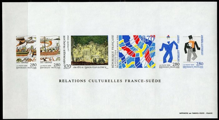 França 1994 - Bloco de papel gomado França 2866/2871 Relações FRANÇA SUÉCIA 1994 RARE não listado