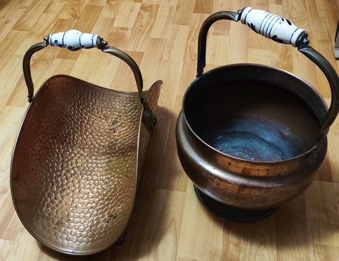 Pot (2) - copper, brass, porcelain