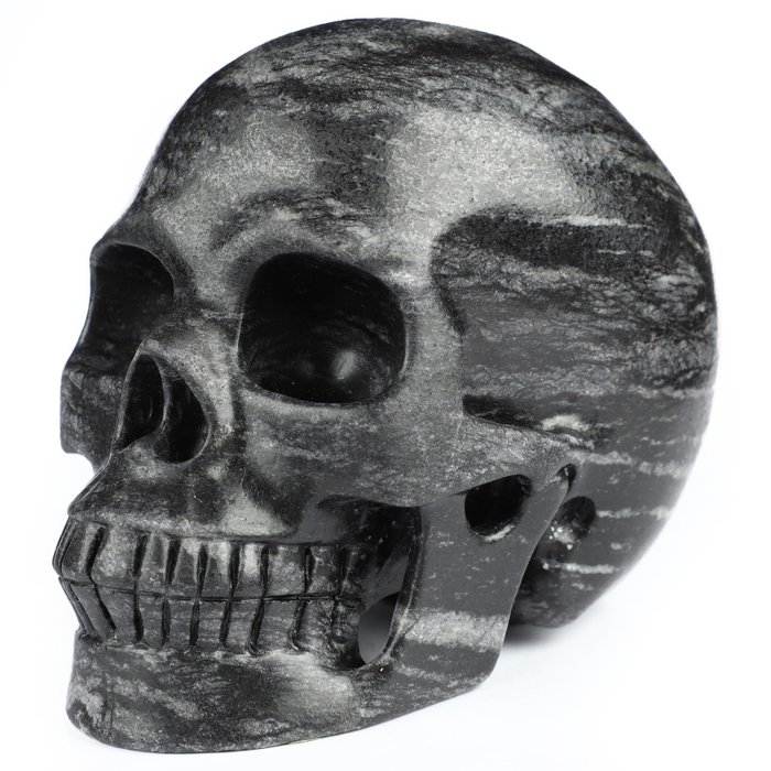 Hämmästyttävä 1,285 kg Black Network Jasper Kaiverrettu kallo - Hand Carved Skull - 98 mm - 86 mm - 128 mm