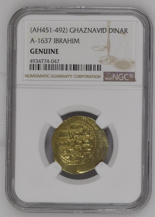 加茲納維德王朝. Zahir al-Dalah Abu'l-Muzaffar Ibrahim. AH 451-492 / AD 1059-1099. Gold Dinar NGC Genuine  (沒有保留價)