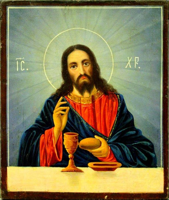 Ícone - Cristo, o Todo-Poderoso, Bênção do pão e do vinho - Madeira