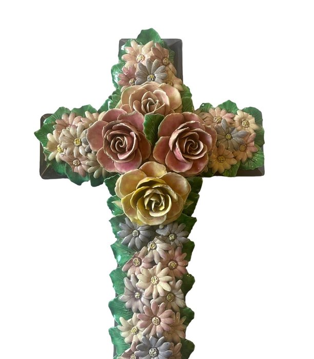 Kreuz - Keramik, Barbotine-Blumen - 1950-1960