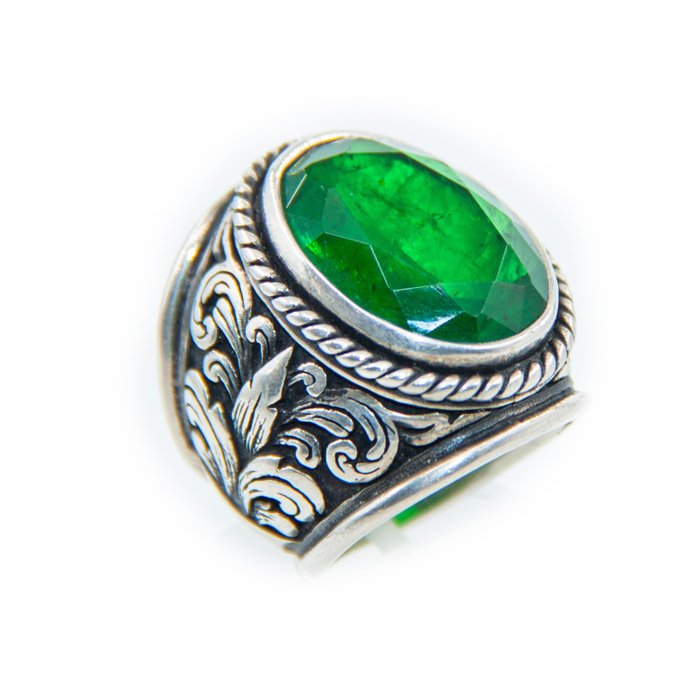 Ei pohjahintaa - Victorian Silver Style Ring With Emerald Stone Sormus - Hopea Smaragdi 