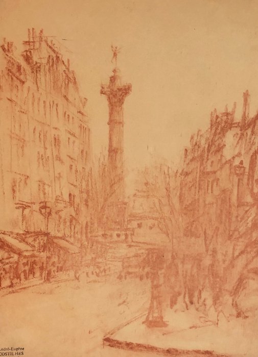 André Eugene Costilhes (1865-1940) - Paris: Le Faubourg Saint Antoine et la Colonne de Juillet