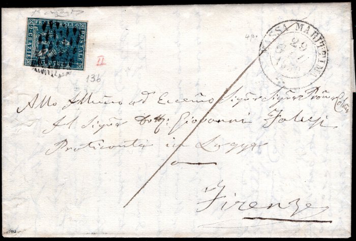 Αρχαία ιταλικά κράτη -  Τοσκάνη 1857 - 2 γαλαζοπράσινα τρελά, που χρησιμοποιήθηκαν σε γράμμα την περίοδο της Προσωρινής Κυβέρνησης, πολύ - Sass. n° 13b