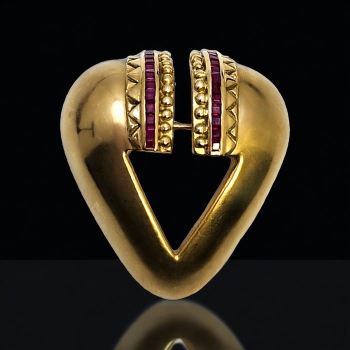 Marlene Stowe - Pendentif vintage 18k Amazing Gold Broche Ruby’s LOVE design Marlene Stowe - Rubis 