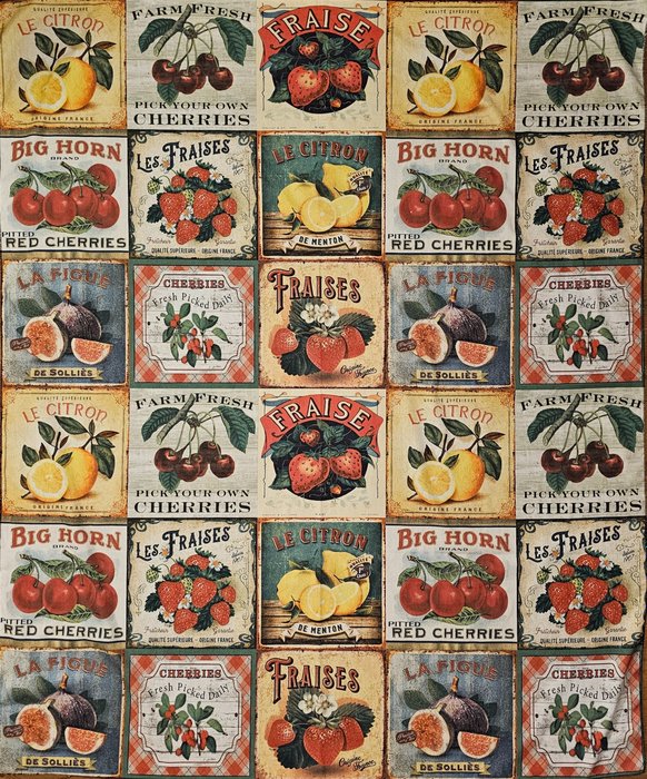 Eksklusivt panel 170x140cm - "Fruit in Vintage style" - Ferdig klar til å henge! - Tekstil - 140 cm - 0.02 cm