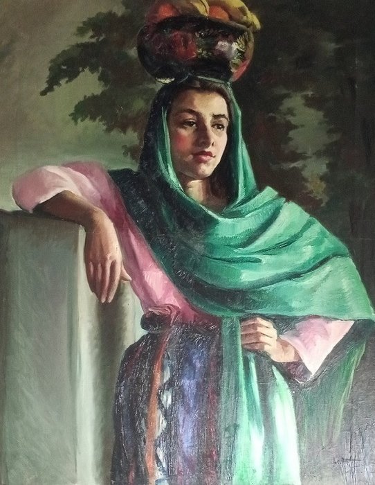 Êcole Espagnole (XX) - Femme portant un panier de fruits