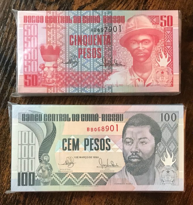 Guinee-Bissau. - 100 x 50, 100 x 100 Pesos 1990 - original bundles - Pick 10, 11