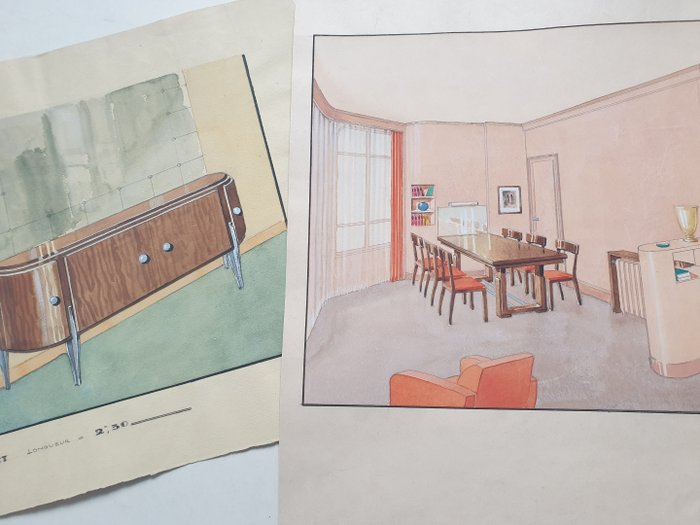 Anonymous - 2 Art Deco watercolour designs for furniture