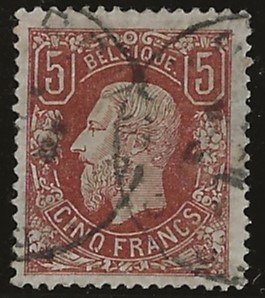 Belgio 1878 - 5F Leopoldo II bruno-rosso - centrato - OBP/COB 37