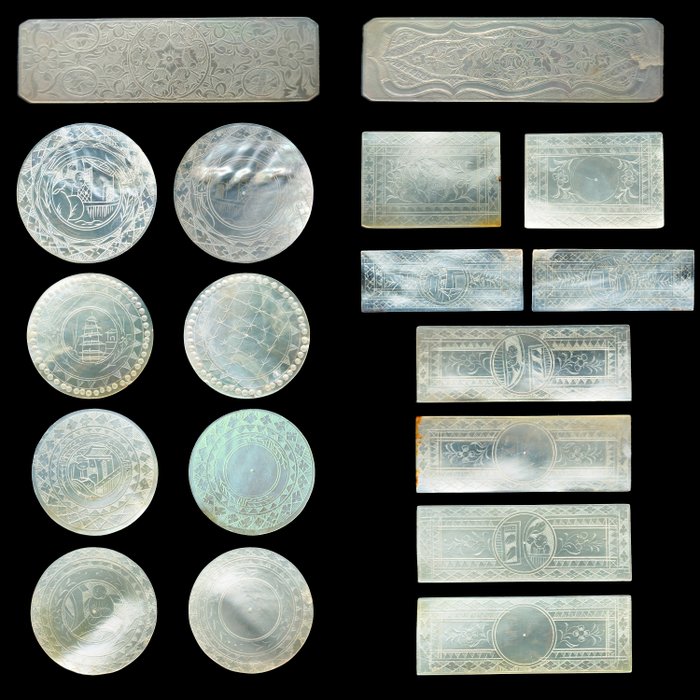 China. Brilliant Carved Mother of Pearl Gaming Tokens (9x)