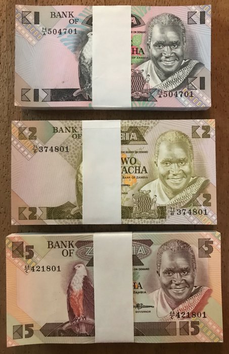 尚比亞. - 100 x 1, 100 x 2, 100 x 5 Kwacha ND 1980-1988 - original bundles - Pick 23b, 24c, 25d