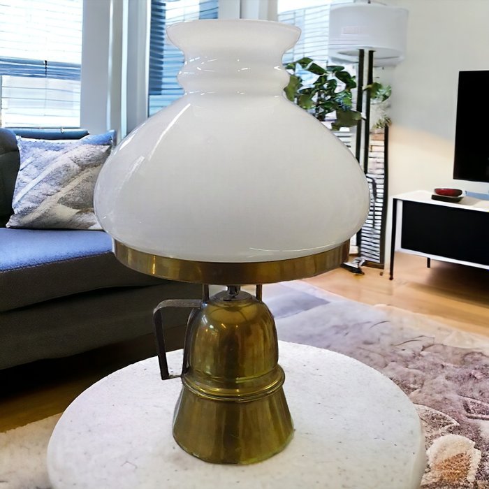 Olimpi Milano Bertoni - Lampe de table - Vintage de style campagnard avec verre travaillé - 1970 - Laiton