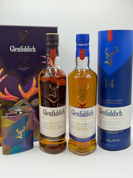 Glenfiddich - 14yo Bourbon Barrel & 15yo Solera with Hipflask - Original bottling  - 70cl - 2 garrafas