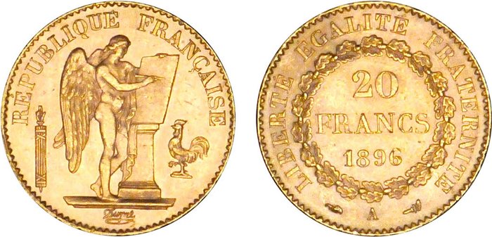 France. Third Republic (1870-1940). 20 Francs 1896-A Génie. Variété torche