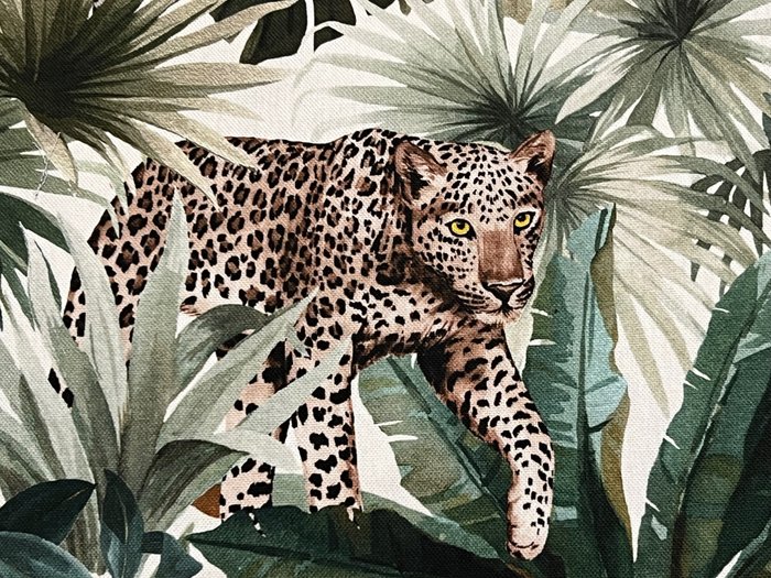 Eleganter Baumwollstoff – Design mit Leoparden und tropischen Pflanzen - Polsterstoff  - 600 cm - 140 cm