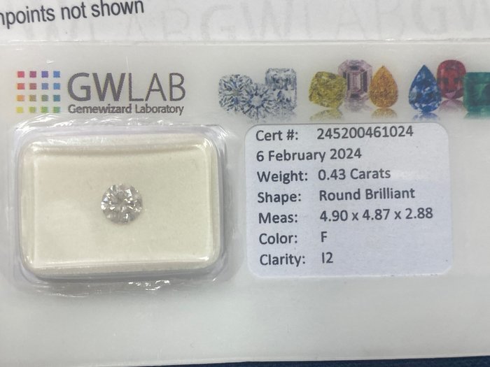 1 pcs 钻石 - 0.43 ct - 圆形 - F - I2 内含二级, No reserve price
