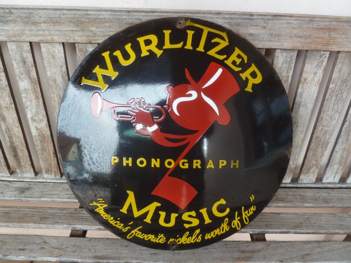Cartel esmaltado - Wurlitzer Placa esmaltada XXL 50 cm Fonógrafo Logo Servicio Garaje Decoración Placa esmaltada Música - Esmalte, acero