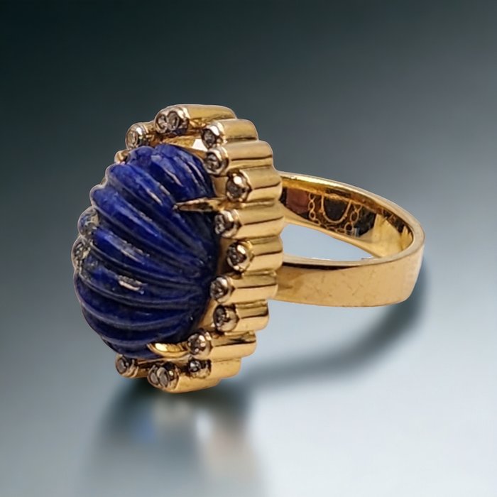 Sormus Vintage 18k kultaa, timanttia & n Lapis Lazuli -sormus 1940-luvulta Lasuurikivi 