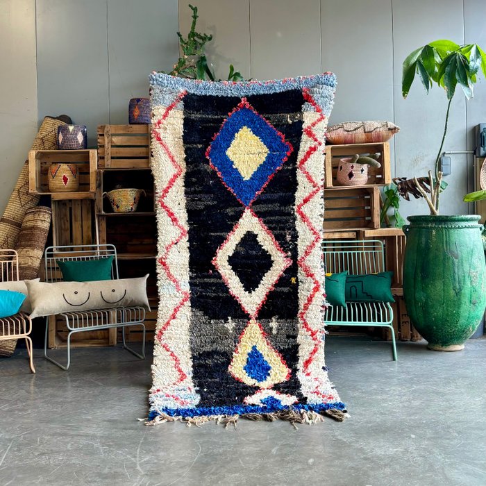极简主义摩洛哥地毯：现代 Boucherouite 地毯 - 凯利姆平织地毯 - 260 cm - 115 cm