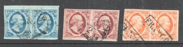 Niederlande 1852 - König Willem III. – 1. Ausgabe – 3 Paar à 2 Stück - NVPH 1/3