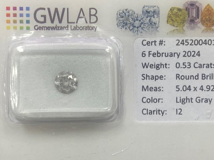 1 pcs 钻石 - 0.53 ct - 圆形 - Iight gray - I2 内含二级, NO RESERVE PRICE
