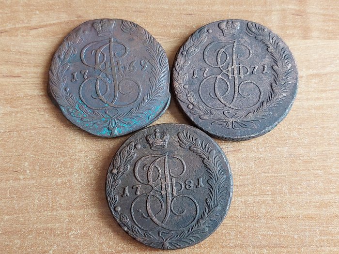 Ryssland. Catherine II (1762-1796). Lot of 3x large copper 5 Kopek coins 1769, 1771, 1781 EM  (Utan reservationspris)