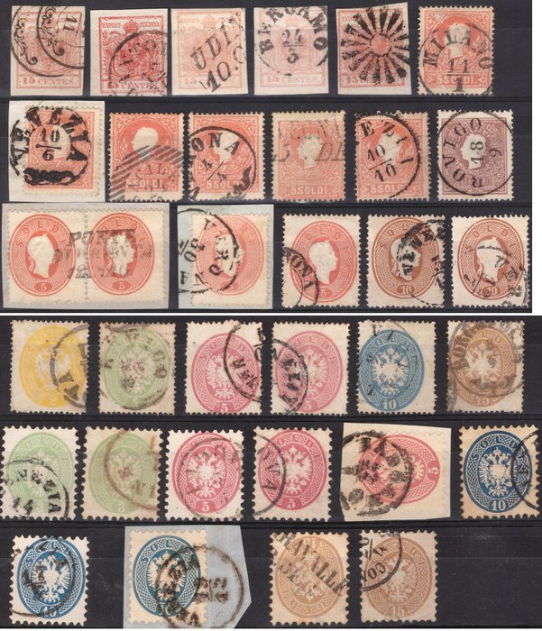 Antichi Stati italiani - Lombardo Veneto 1850/1864 - Insieme di francobolli rappresentanti le 5 emissioni - Sassone
