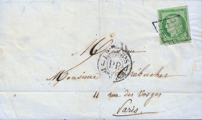Frankrig 1850 - Meget sjælden 15 centimes grøn på brev med PP stempel af afgifter i sort - Yvert et Tellier n°2a