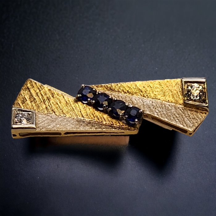Bross - Vintage Art Deco 18 karátos arany gyémánt zafír bross az 1930-as évekből 
