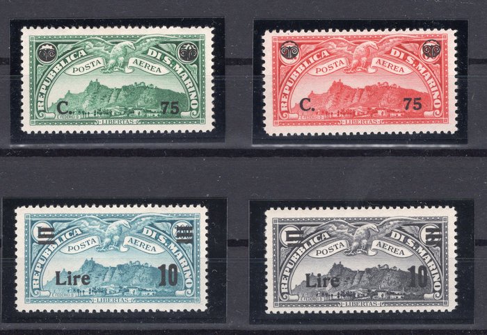 San Marino 1936/1942 - SAN MARINO, FLUGPOST 1936; 1942, postfrische Briefmarken mit Aufdruck, Michel-Nr. 232-233; 239-240 - Michel# 232-233 ; 239-240    Sassone S.502 and S.503