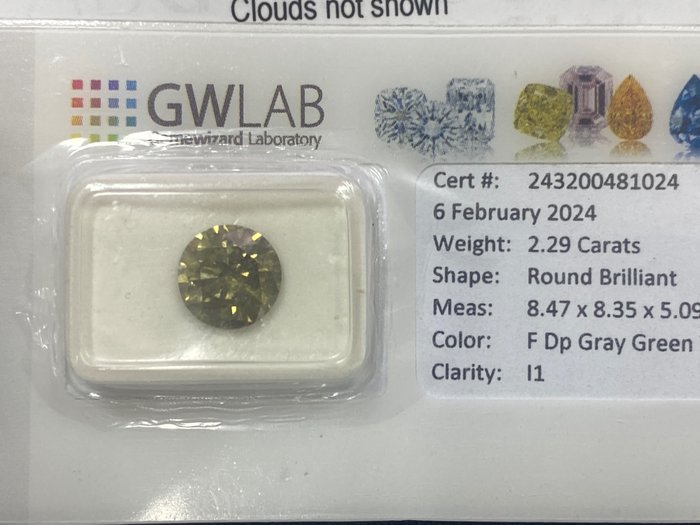 1 pcs 钻石 - 2.29 ct - 圆形 - Fancy deep gray green  yellow - I1 内含一级