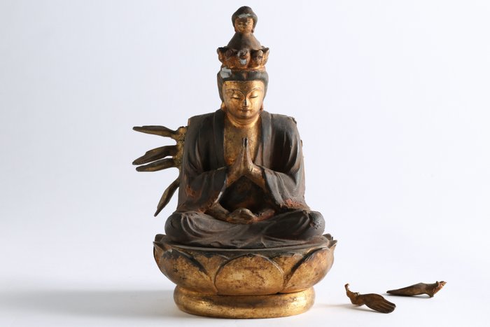 Kannon Bosatsu 観音菩薩 Seated Statue - Rzeźba Drewno - Japonia - Edo Period (1600-1868)
