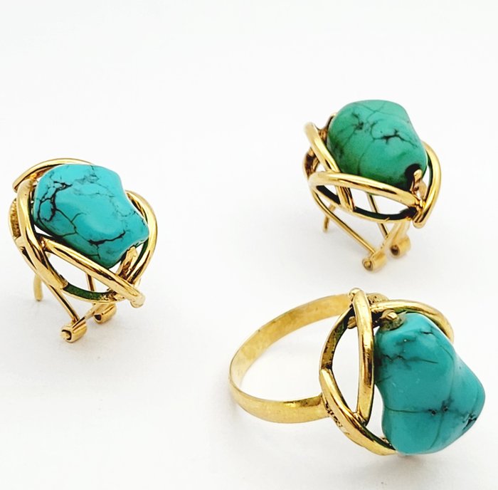 2 piece jewellery set Yellow gold Turquoise