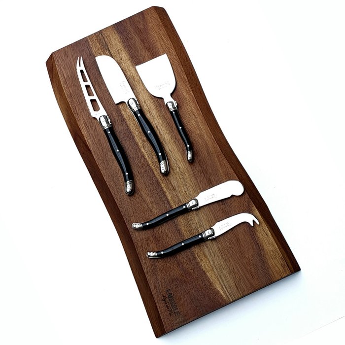 Laguiole - 5x Cheese knives - Wood Serving Board - Acacia Wood - Black - style de - Table knife set (6) - Steel (stainless), Acacia Wood