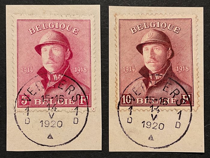 Belgien 1919/1919 - Albert I Helm - 5fr + 10fr - Smukt stemplet VERVIERS - OBP 177/178