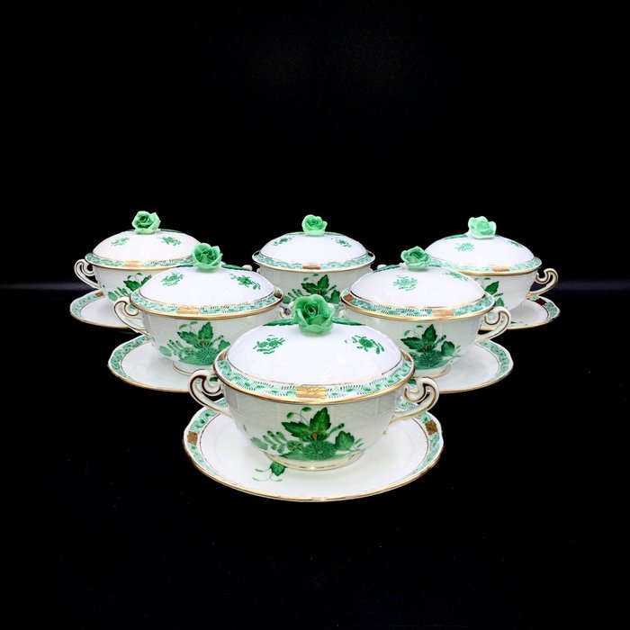 Herend - Set of Soup Cups with Rose Knob Lid and Saucers (18 pcs) - "Chinese Bouquet" - 湯碗 - 手繪瓷器