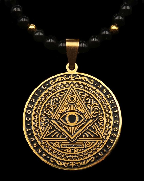 Frimurarhalsband - Obsidian - Gudomligt öga - Kunskap och sanning - GF-lås i 14K guld - Halsband