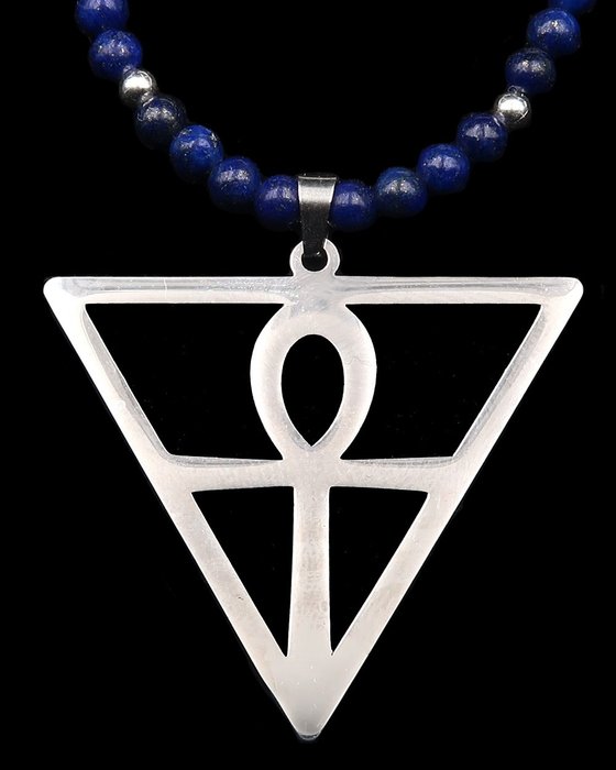 Lapis lazuli - Halskjede - Egyptian Cross of Life Ankh - Åndelig beskyttelse - 925 sølvspenne og perler - Halskjede