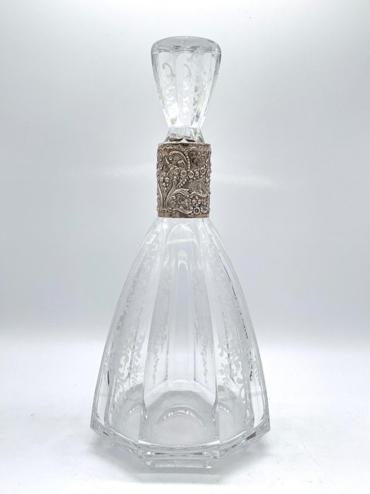 Dekanterings karaffel - Indgraveret krystalkaraffel med sølvbeslag - .830 sølv, Krystal